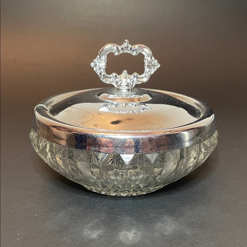 Vintage Heavy Cut Glass Sugar Bowl w Silver Coloured Ornate Handled Metal Lid